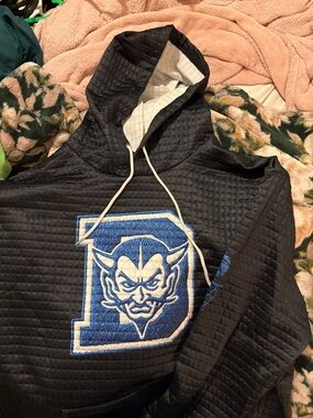 Black Quilted Hoodie with Blue Devil Patch